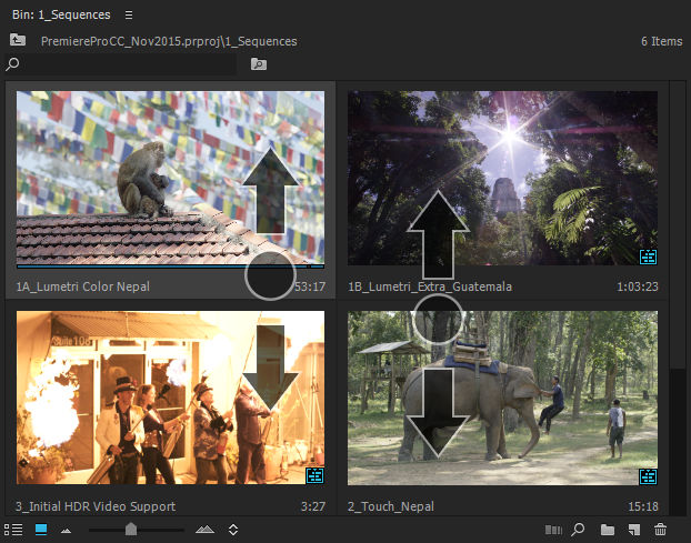 A screen capture from a video clip shows video thumbnails in Premiere Pro with arrows pointing up or down, showing how to scroll using a two-finger swipe.