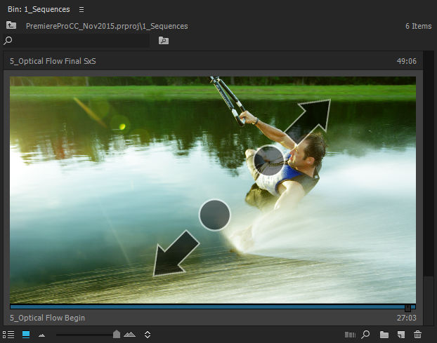 A screen capture from a video clip is displayed with arrows indicating a two-finger pinch gesture to zoom in or out in Project panel of Premiere Pro.