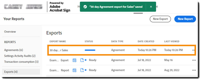 The export list highlighting the newly created report record