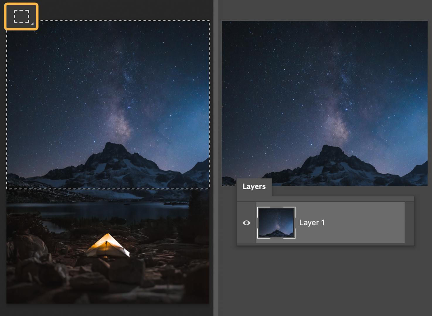 Night shot of a mountain scene shows top half is selected by Rectangular marquee. Right: Sky portion of image is on its own layer.