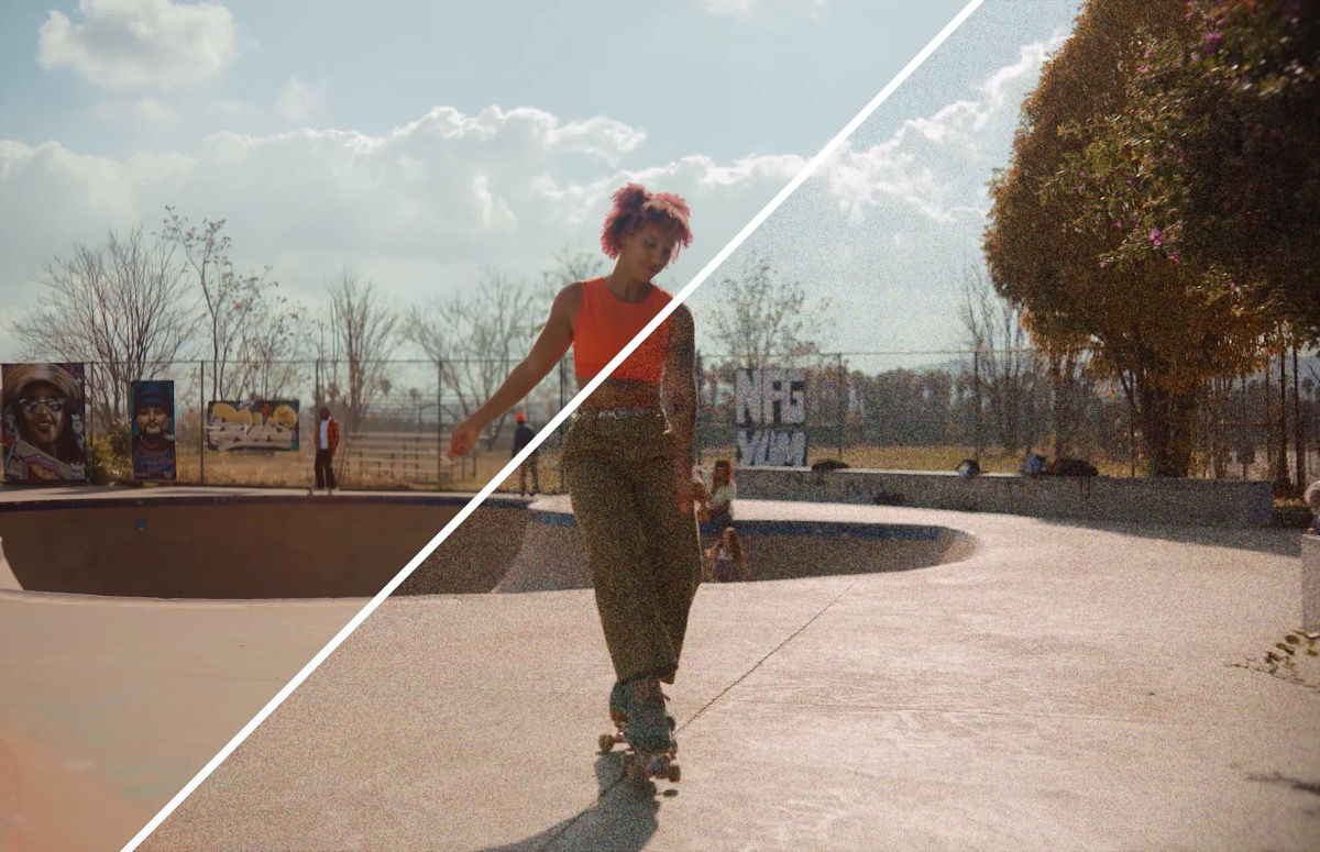 Split view showing a skateboarder, with noise added on the right side creating visible grain texture.