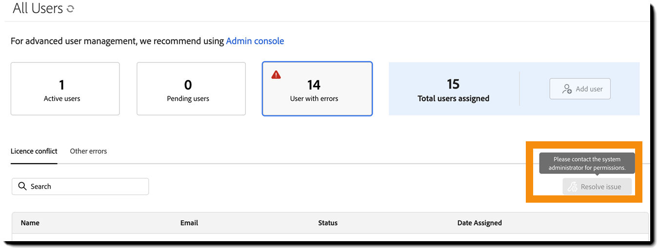 Example error on the Users with errors view when the admin doesn't have System Admin authority on the Target organization.