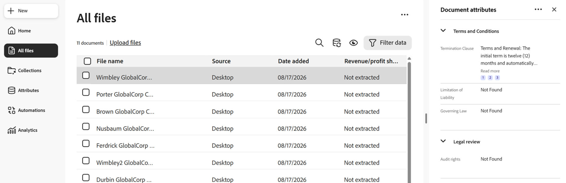 All files view showing default and collection-specific attributes for a document.