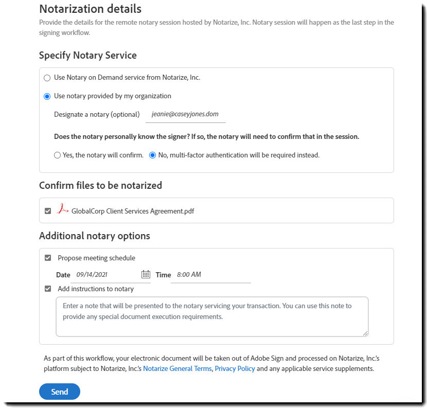 Notarize details configuration