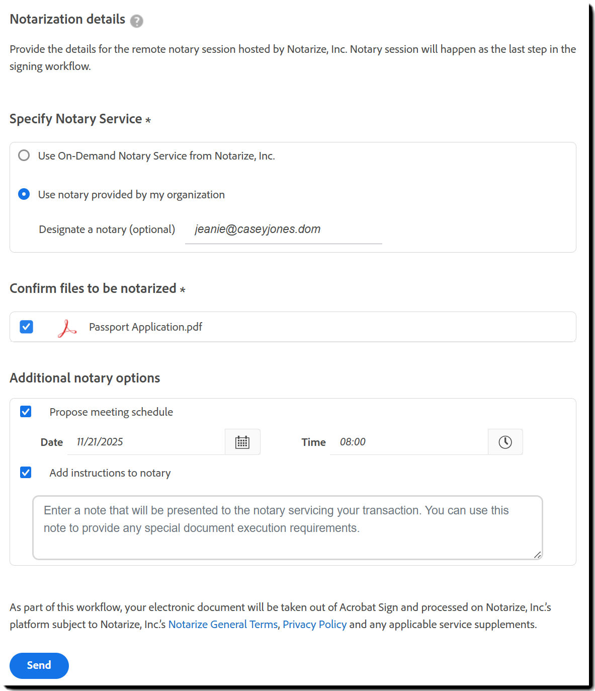 Notarize details configuration