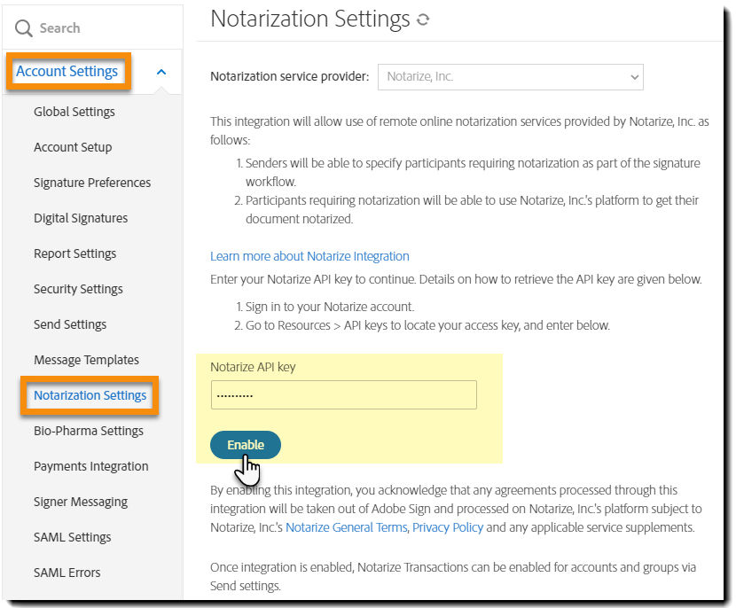 Notarize enablement page with the API key and enable button highlighted