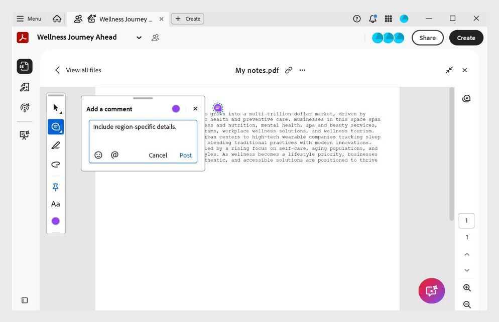 Notes of a shared PDF Space is opened   with a comment dialog box and quick action toolbar with commenting tools.