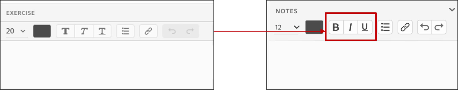 Current vs New icons in notes pod for Bold, Italics and Underline