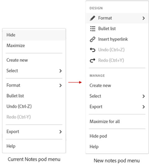 Notes pod menu before and after 12.7 release