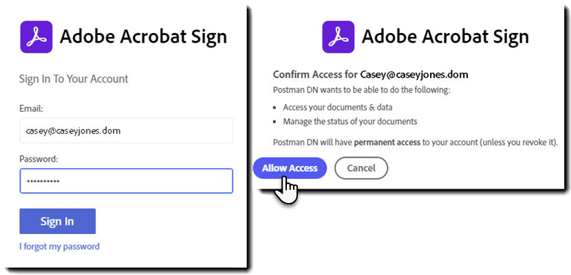 Authenticate to Acrobat Sign and allow the OAuth connection