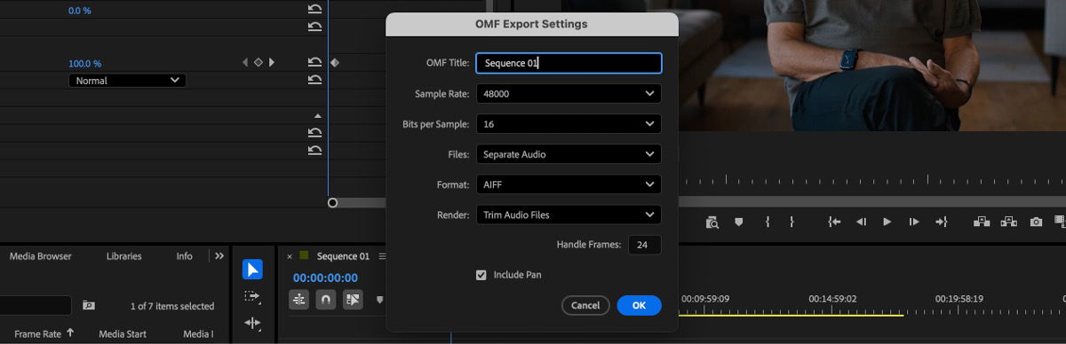 OMF Export Settings dialog displaying settings for audio embedding, sample rate, bit depth, and clip trimming options.