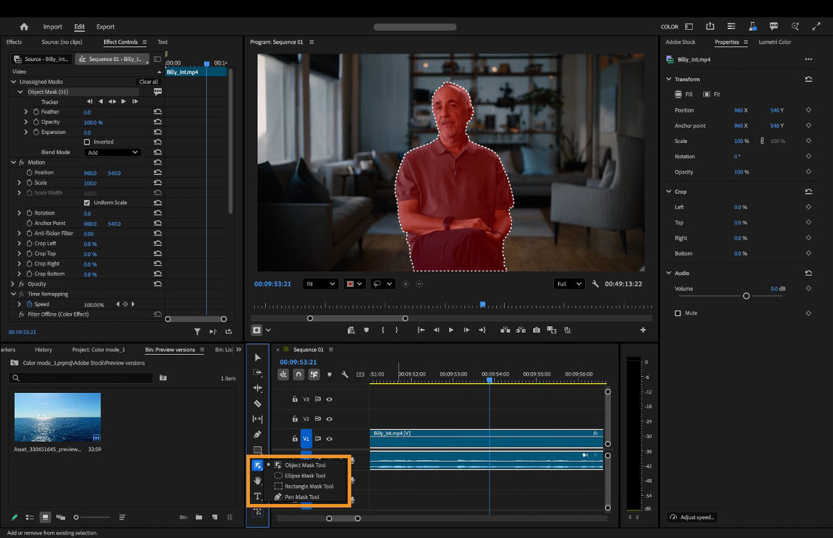 Object masking tools, Rectangle, Ellipse, and Pen, highlighted in the Tools panel of Premiere.