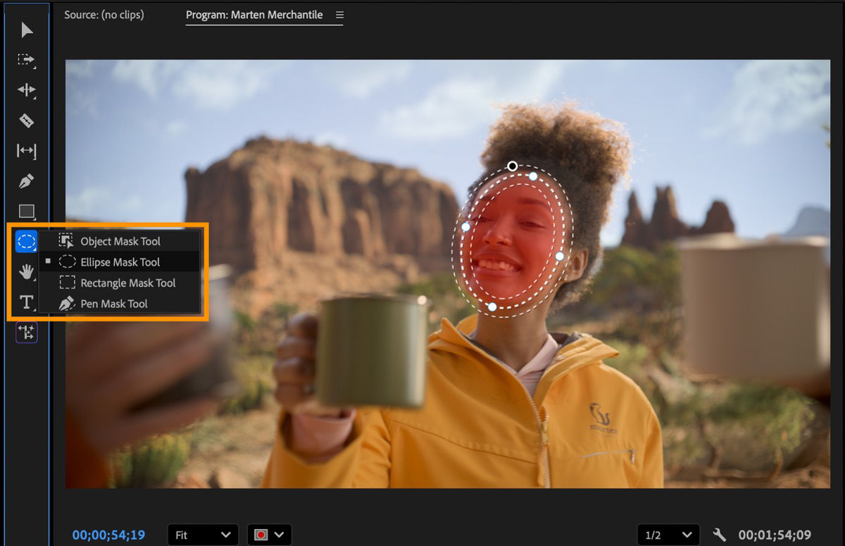 Object masking tools, Rectangle, Ellipse, and Pen, highlighted in the Tools panel of Premiere.