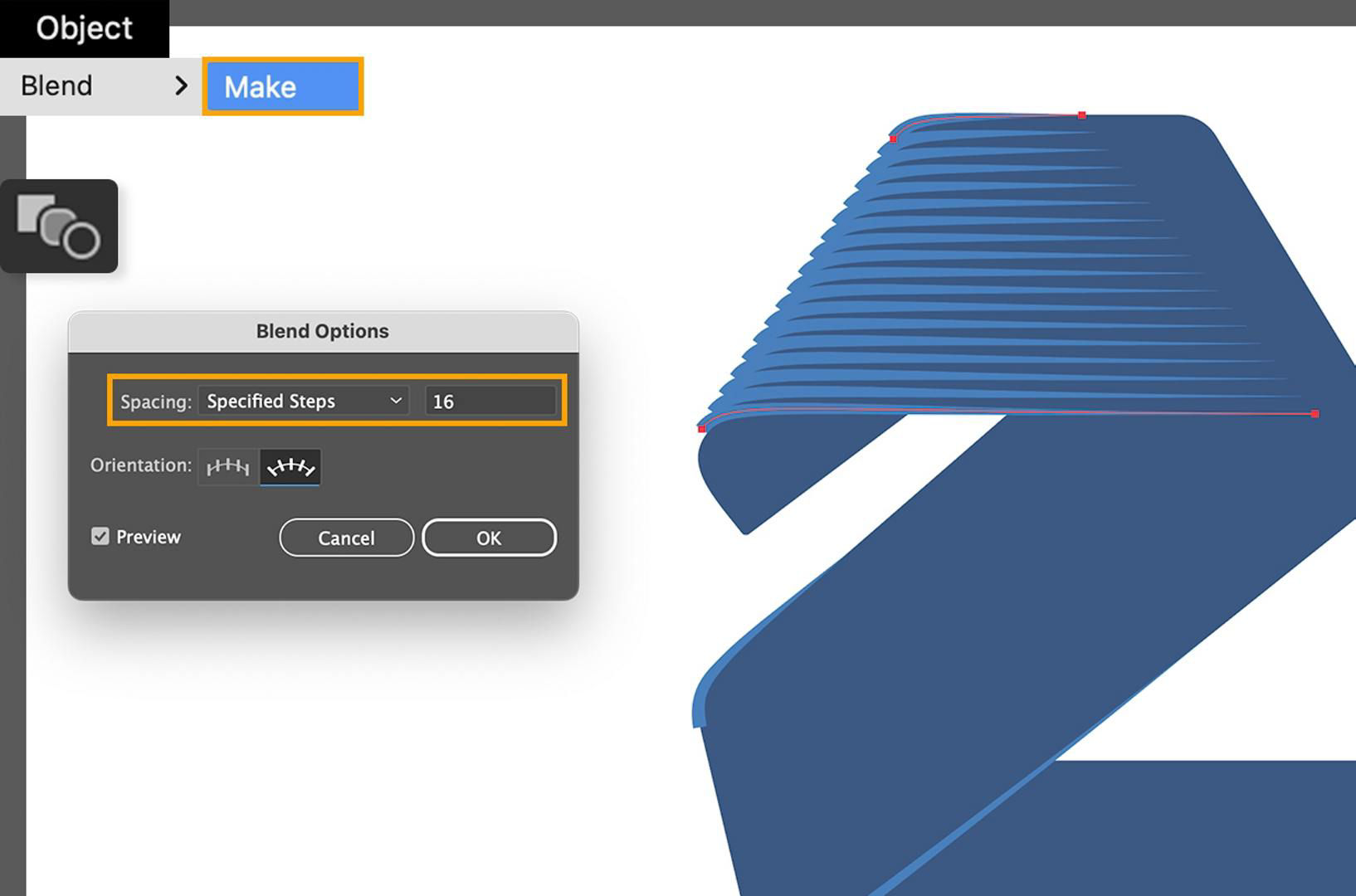 Object > Blend > Make menu is selected and the Blend Options are set to Specified Steps and 14. Repeated tapered lines accent the top.