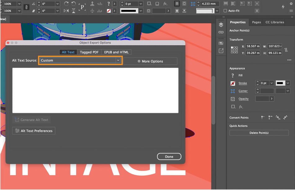 Object Export Options dialog box showing the Alt Text tab to add Custom alternative text for a graphic.