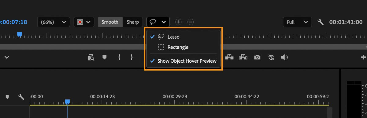 The Rectangle and Lasso tools are highlighted to help with object selection, and the hover‑preview feature is turned on to enable quicker, more precise selections in the Program Monitor.