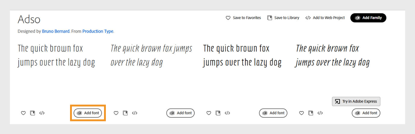 On the Adobe Fonts website, navigate to the font family from where you want to install an individual font,and open the font family. Select Add font buttton on the bottom-right corner of the font.