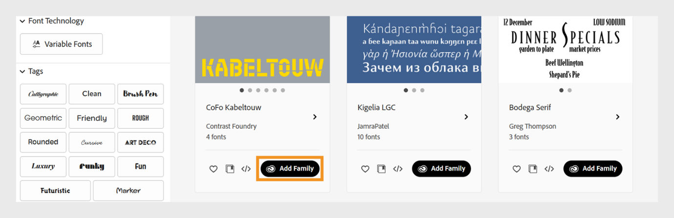 On the Adobe fonts website, navigate to the font from the list of available fonts you want to add, and select Add family icon (black color).