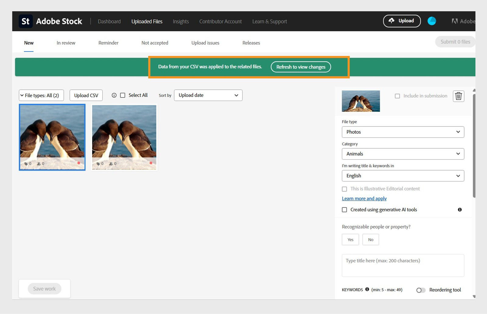 Once the upload is complete, the application displays a message: "Data from your CSV was applied to the related files."