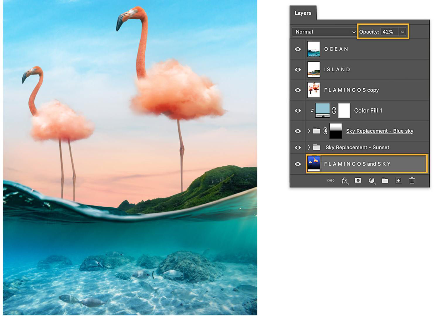 Opacity is set to 42% on the Flamingos and Sky layer and flamingos stand against the blended sky background.