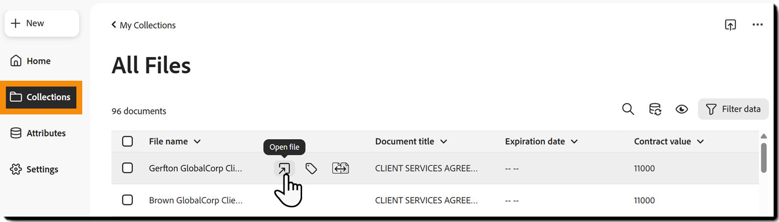 The collection view of files, with the Open icon highlighted