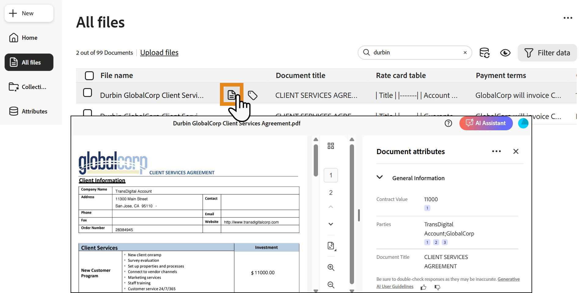 The collection view of files, with the Open icon highlighted
