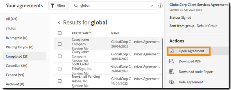 Manage page with the Open agreement action highlighted.