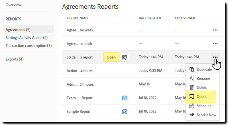 And agreement report record with the Open action highlighted