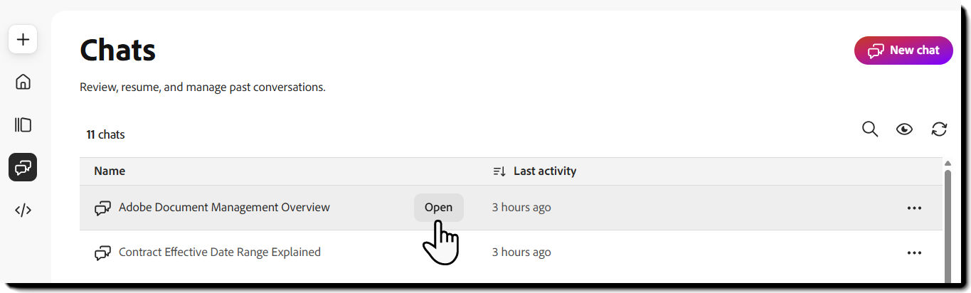 The Chats page with the Open button highlighted