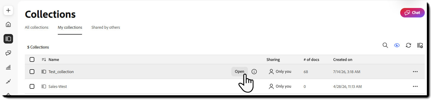 The collection view with the Open button highlighted.