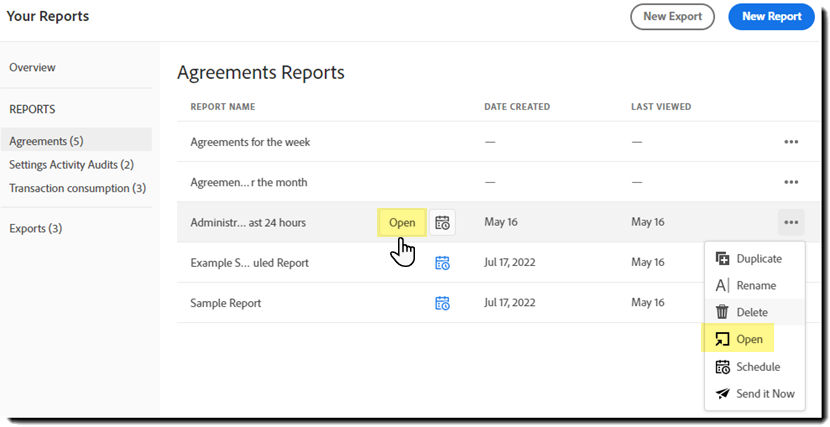 The reports list with one record highlighted, showing the Open quick action button