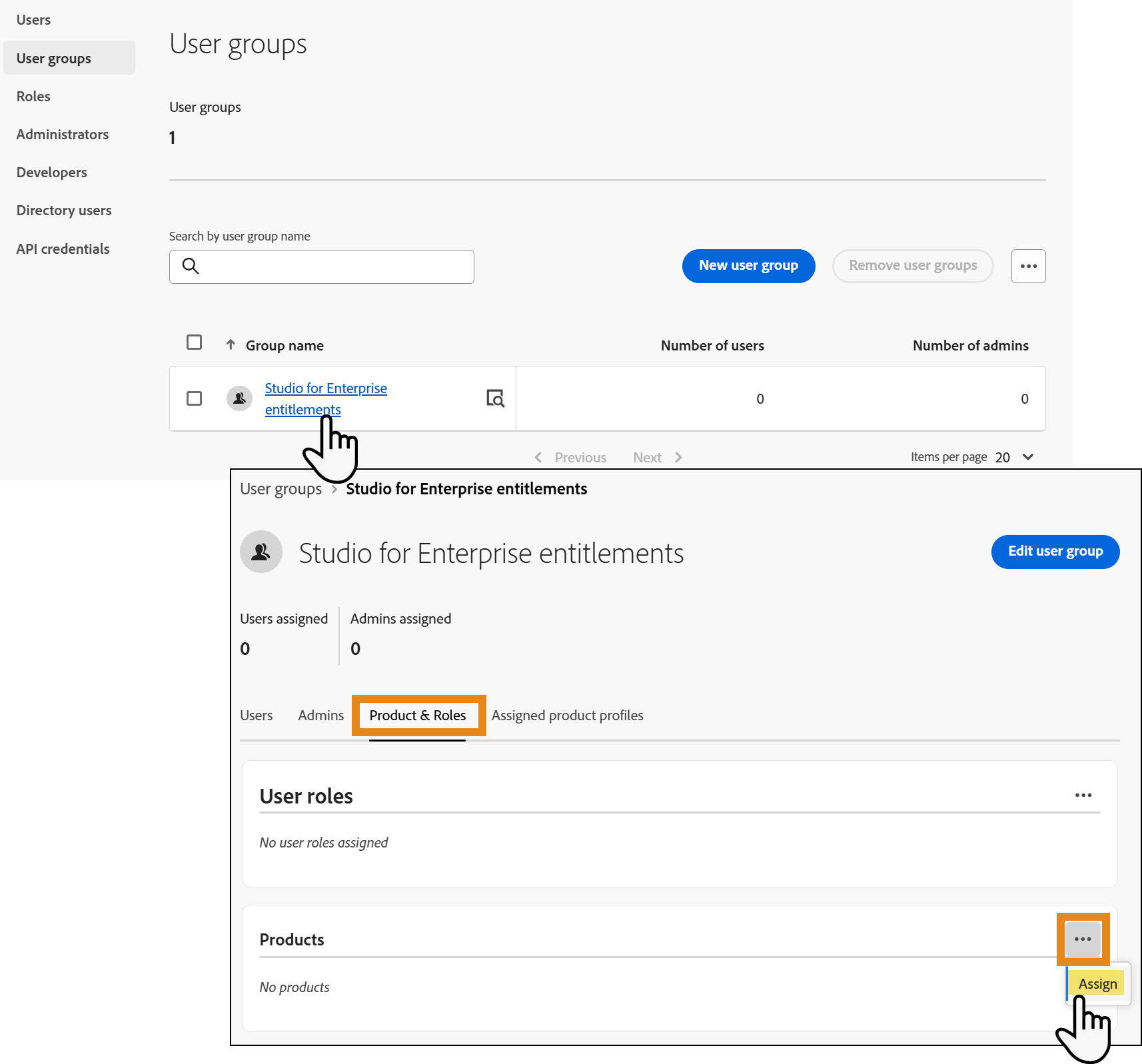 Adobe Admin Console User groups page showing the new group, with an inset of the group details highlighting the Products ellipsis menu and Assign action.