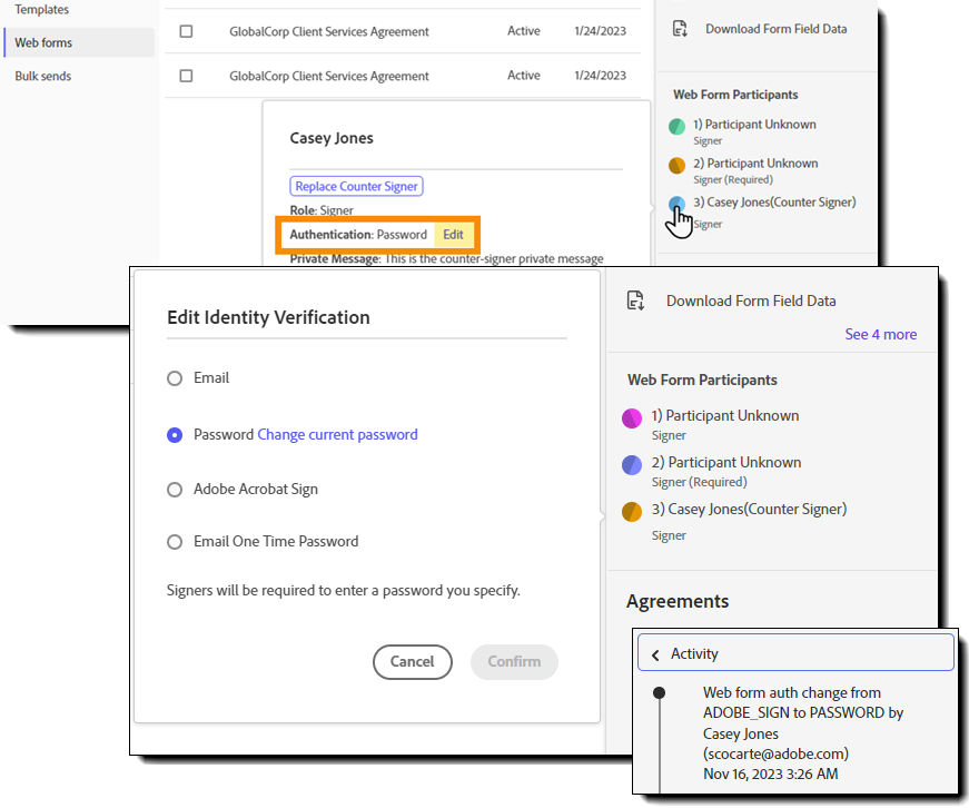 The manage page showing the authentication options for a recipient and the audit log.