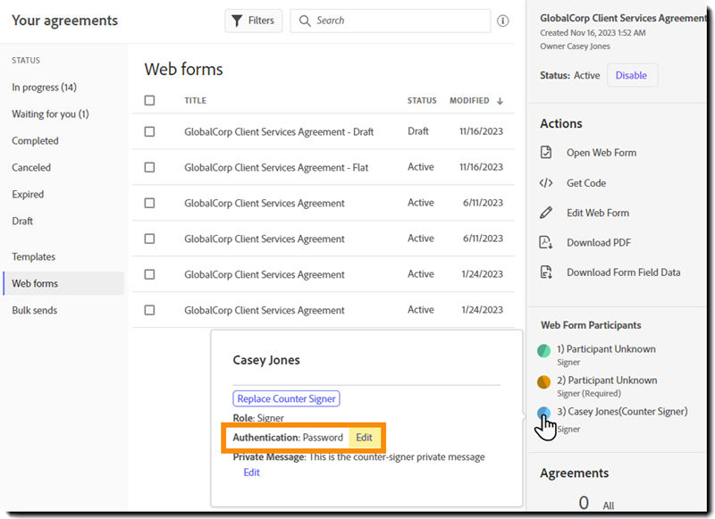 The Manage page with a web form selected and the the recipient's authentication information highlighted