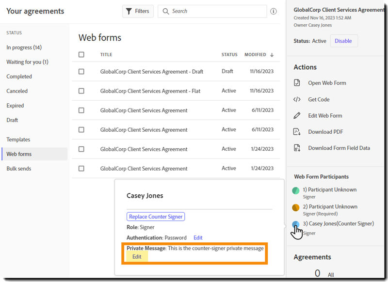 The Manage page with a web form selected and the the counter-signature's private message information highlighted