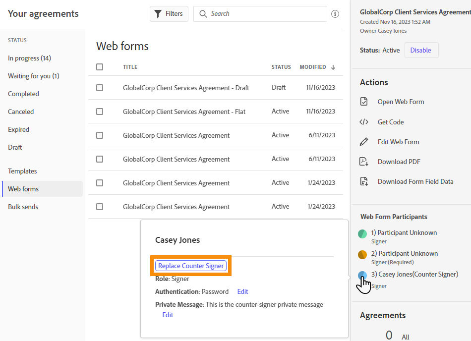 The Manage page showing a web form counter-signer menu with the Replace Counter Signer button highlighted.