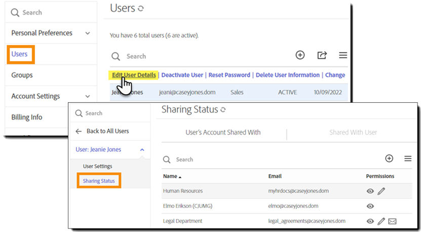 Navigate to the user and edit the user details to access teh sharing status tab