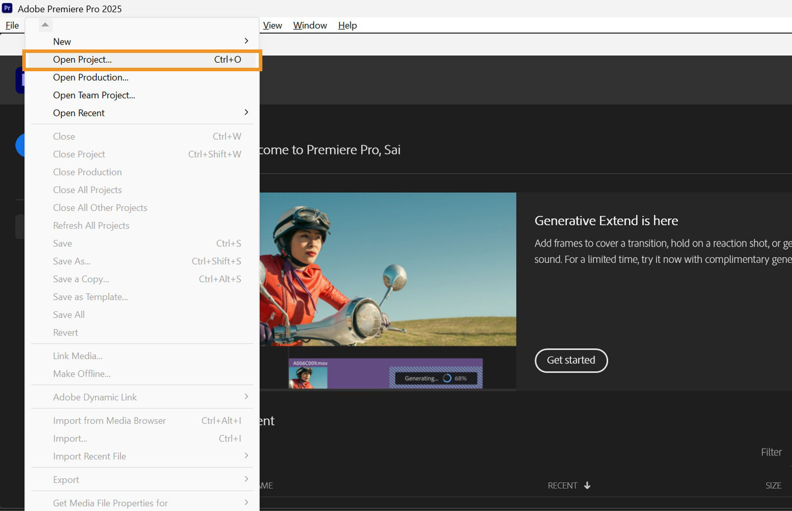 Open Project is highlighted in the File menu.