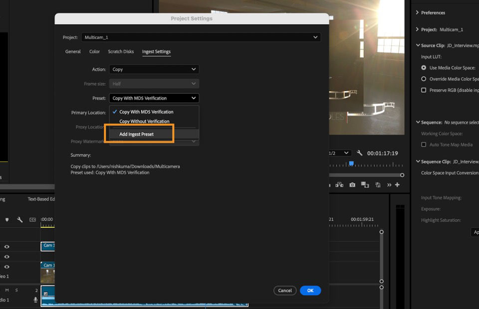 Option in Ingest Settings to add a custom ingest preset created using Adobe Media Encoder.