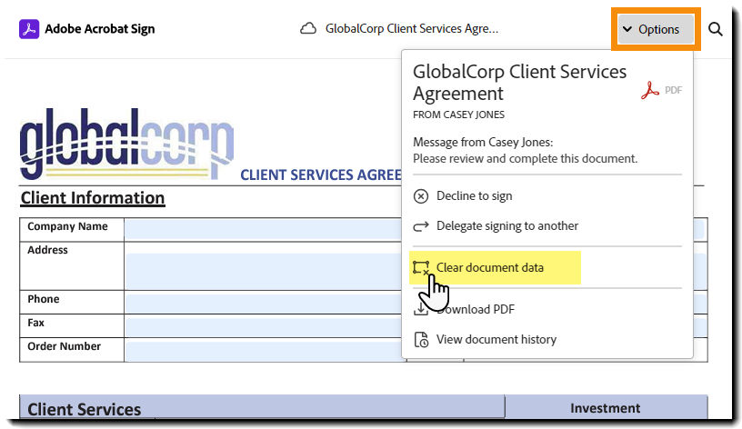 Page de signature électronique avec le menu Options développé et l’option « Effacer les données du document » mise en surbrillance.