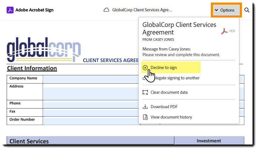 The "e-sign" page with the "Options" menu expanded and the "Decline to sign" option highlighted.