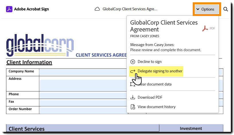 The e-sign page with the Options menu expanded and the "Delegate" option highlighted.