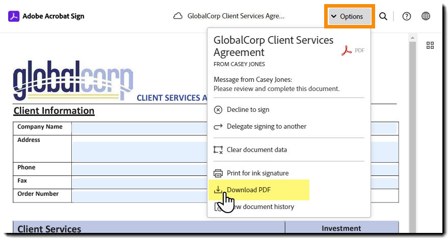 The e-sign page with the Options menu expanded and the "Download PDF" option highlighted.