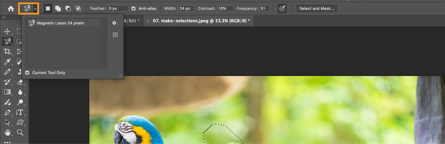 Options bar displays selection modes and the Current Tool Only checkbox is selected.