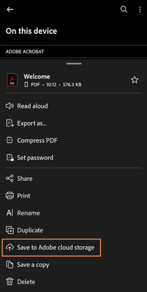 Options menu in Acrobat Android showing file actions, with Save to Adobe cloud storage highlighted.