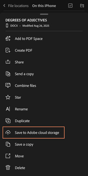 Options menu in Acrobat iOS showing file actions, with Save to Adobe cloud storage highlighted.