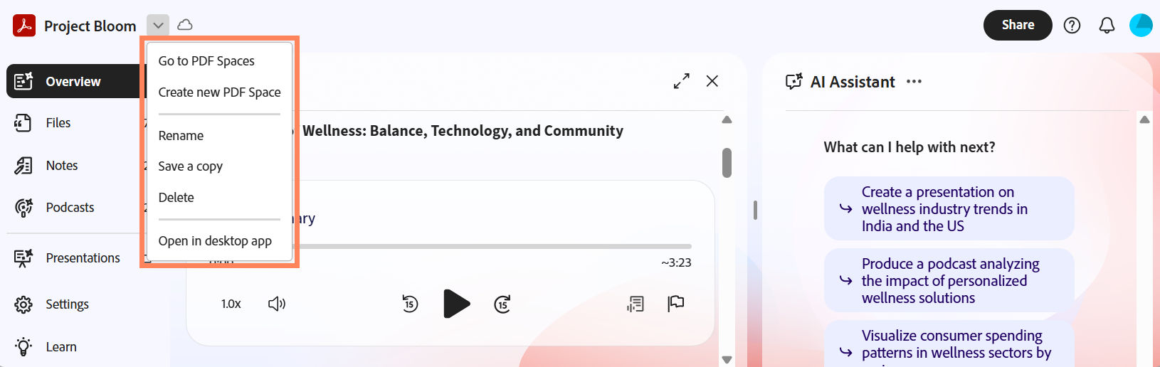 Options menu opened from the PDF Space name, showing actions such as Go to PDF Spaces, Create new PDF Space, Rename, Save a copy, Delete, and Open in desktop app.