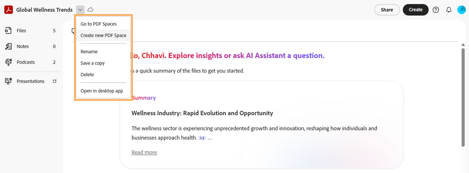 Menú options abierto desde el nombre del PDF Space, mostrando acciones como Ir a PDF Spaces, Crear nuevo PDF Space, Cambiar nombre, Guardar una copia, Eliminar y Abrir en aplicación de escritorio.