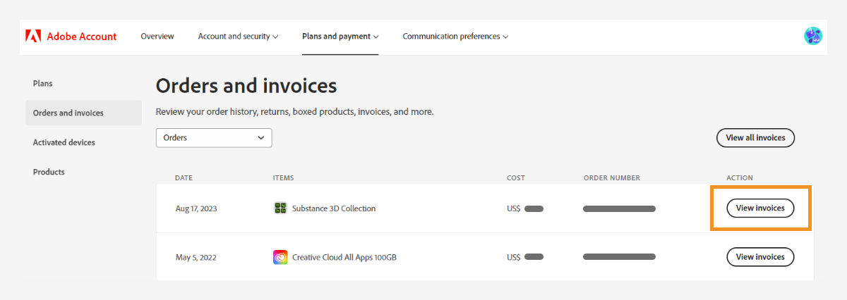 Orders and invoices window with option to View invoices of your Adobe account