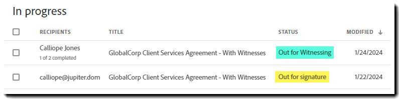 The Manage page showing an agreement waiting for witnessing, with the Out for Witnessing status.